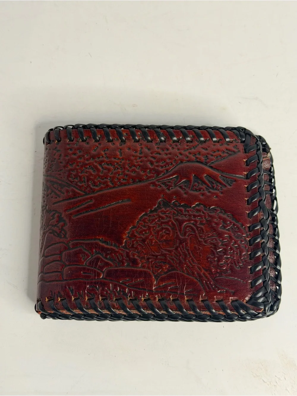 Vintage Tooled Leather Bifold Wallet Deer Eagle Mountain Western Hand Laced